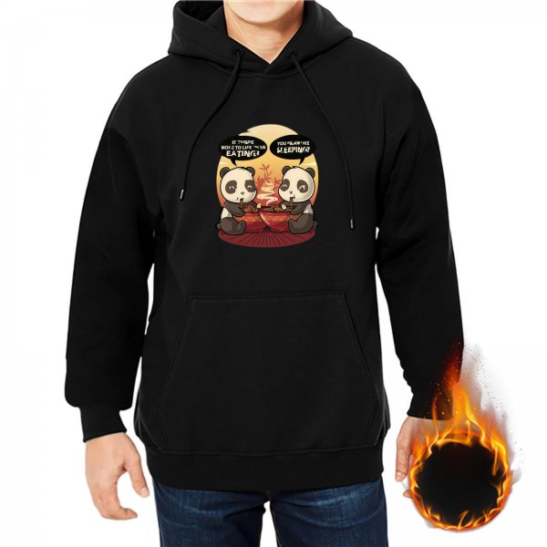 Black hoodie with two pandas eating and talking graphic print