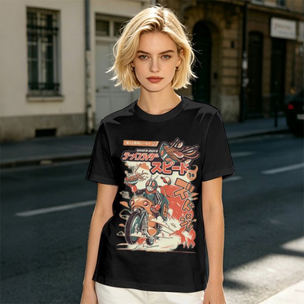 Olive green graphic tee with retro masked rider ramen motorcycle art