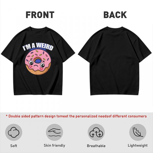 Olive green t-shirt with sad donut graphic and 'I'M A WEIRD' text