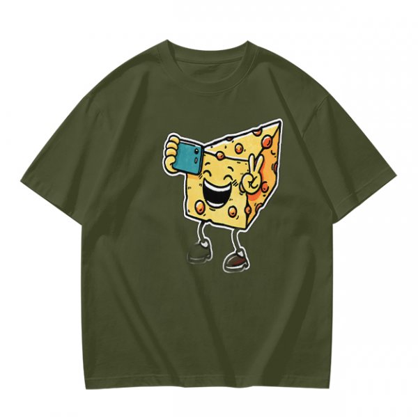 Olive T-shirt with a cartoon cheese taking a selfie and making a peace sign