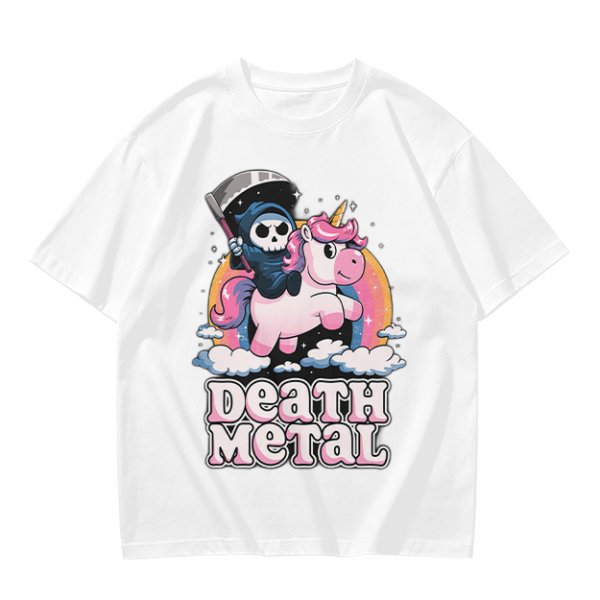 Olive t-shirt with cute grim reaper riding unicorn and death metal graphic