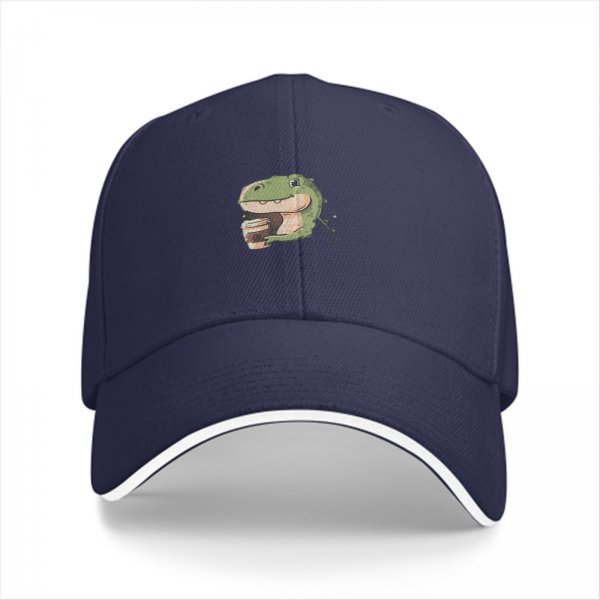 Black baseball cap with cute T-rex holding coffee graphic