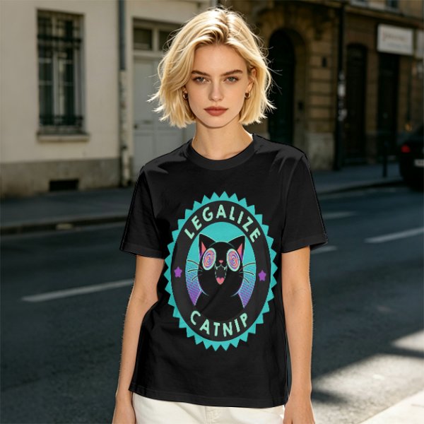 Olive T-Shirt with 'Legalize Catnip' Hypnotic Black Cat Graphic