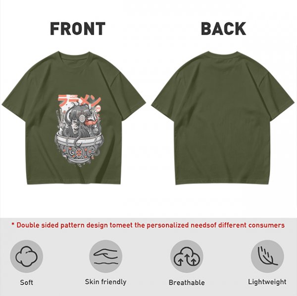 Olive Green T-Shirt with Japanese Ramen Themed Anime Art Print
