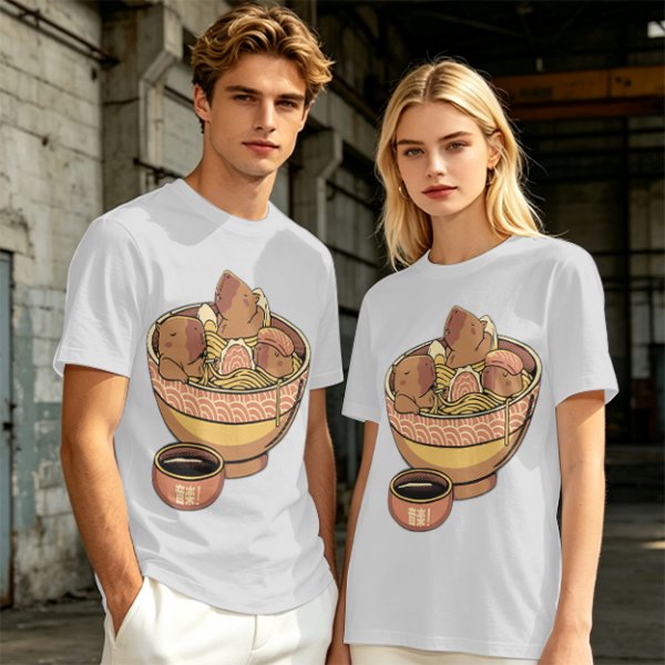 Olive Green T-Shirt With Capybara Ramen Bowl Print