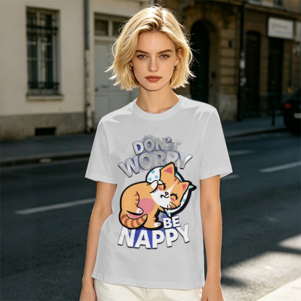 Olive T-Shirt with Don't Worry Be Nappy Sleeping Cat Graphic