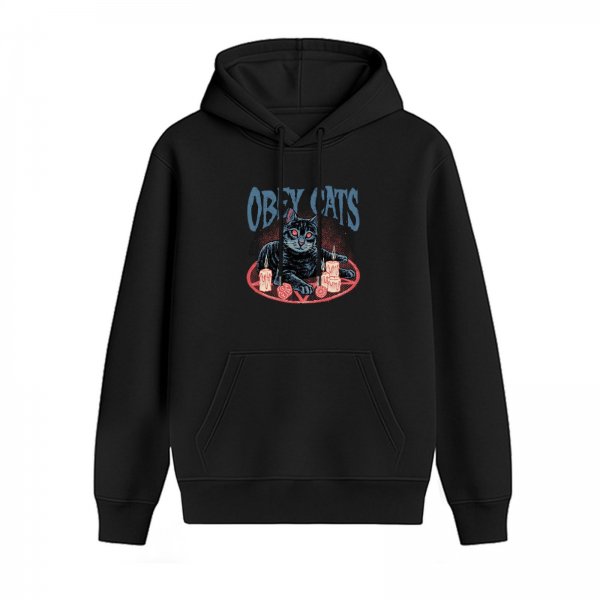 Black hoodie with Obey Cats occult cat and pentagram print