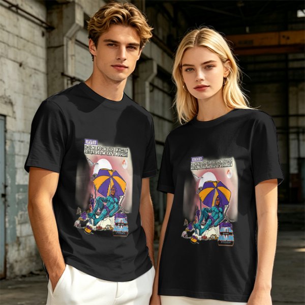 Olive T-shirt with Superhero Lounging Under Beach Umbrella Print