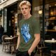 Olive T-shirt with retro blue cartoon car and characters graphic