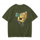 Olive T-shirt with a cartoon cheese taking a selfie and making a peace sign