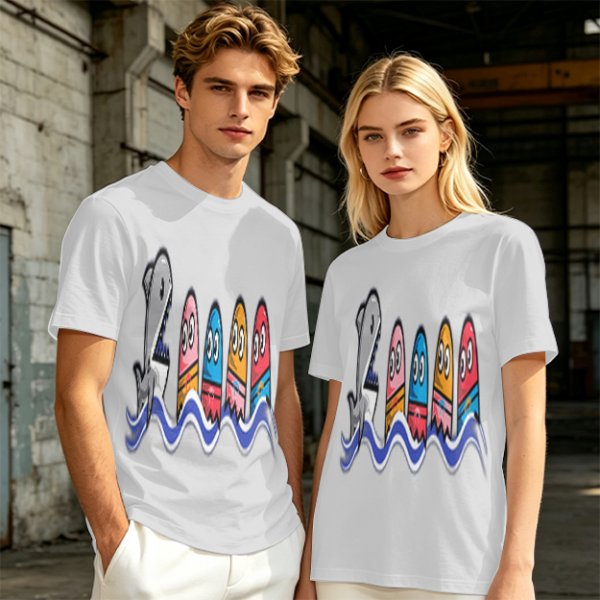 Olive T-Shirt With Shark And Colorful Ghost Creatures Print