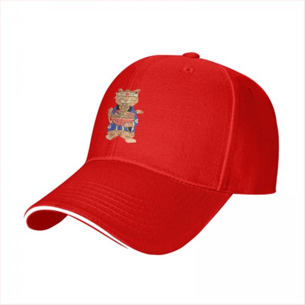 Black baseball cap with a Japanese ramen cat graphic