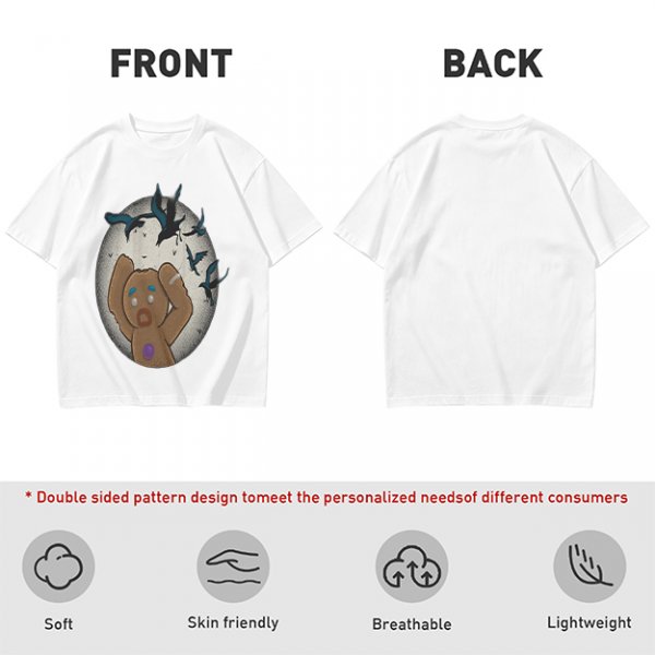 Olive T-shirt with a terrified gingerbread man and flying birds graphic