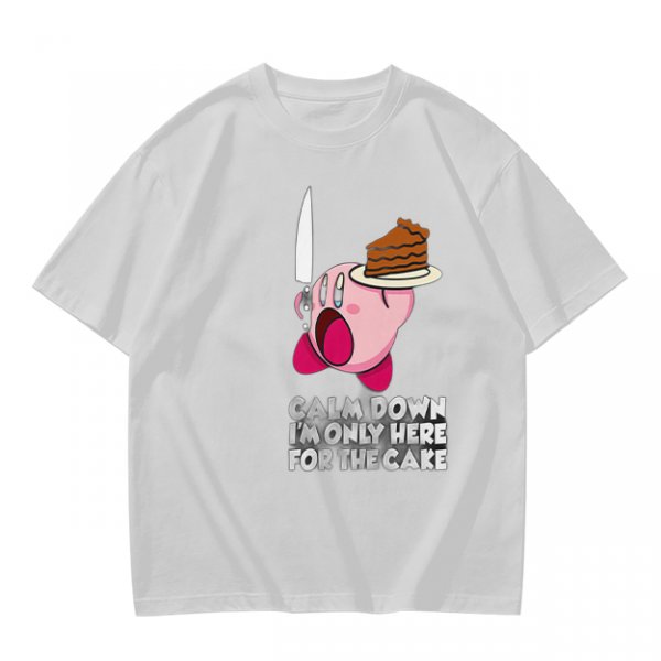 Olive t-shirt with Kirby holding knife and cake, text Calm Down I'm Only Here For The Cake