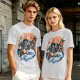 Olive T-shirt with Skeleton Musician Playing Guitar Over Ocean Waves