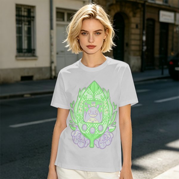Olive Green T-Shirt With Leaf Shaped Tamagotchi Totoro Print