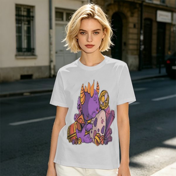 Olive T-Shirt with Cute Sleeping Purple Dragon and Treasure Artwork