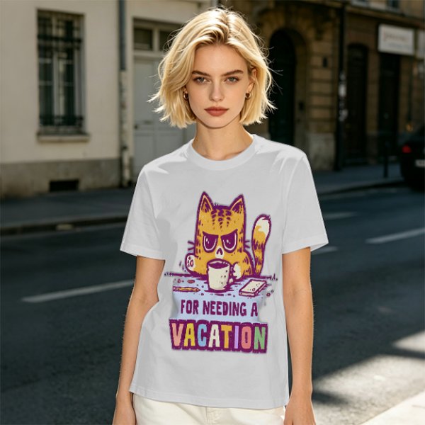 Olive t-shirt with a grumpy cat needing a vacation print