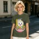 Owl-like character in ramen bowl graphic olive green t-shirt