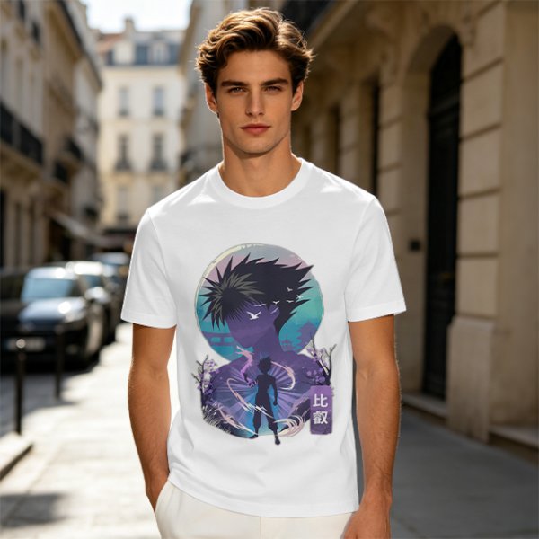 Anime character silhouette graphic tee with stylized purple and blue art