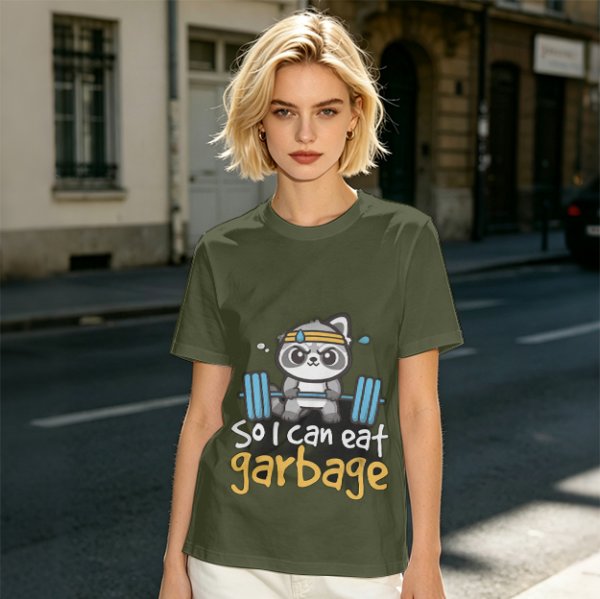 Olive T-Shirt with Raccoon Lifting Weights 'So I Can Eat Garbage' Print