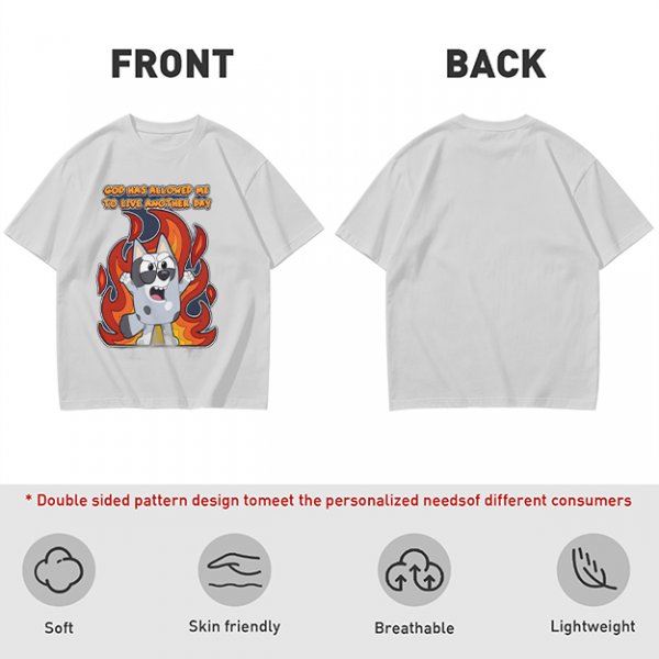 Olive t-shirt with cartoon dog and 'God has allowed me to live another day' print