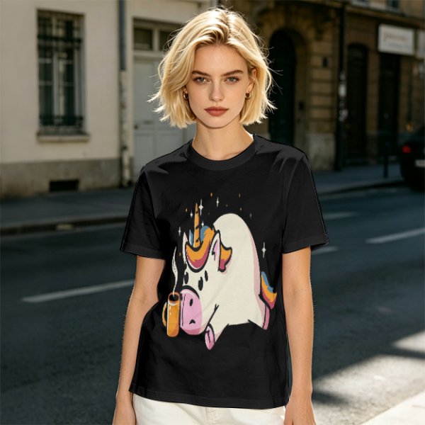 Olive T-Shirt With Tired Unicorn Holding Hot Coffee Print