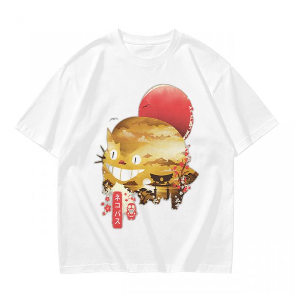 Olive t-shirt with Japanese cat bus and sun graphic