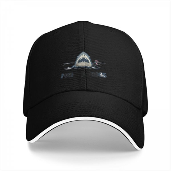 Black baseball cap with shark graphic and 'NO' text print