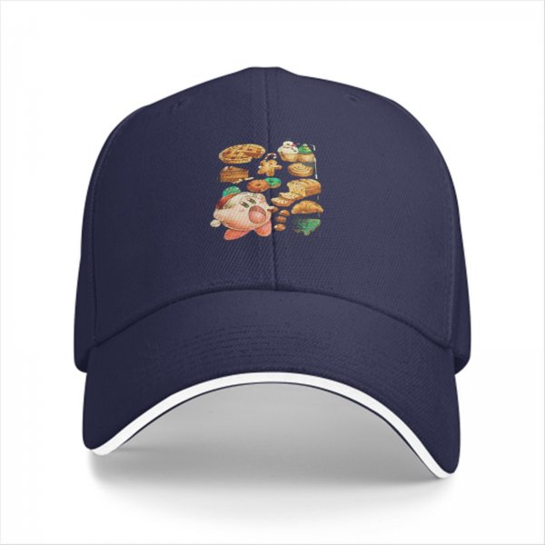 Black baseball cap with Kirby and assorted pastries graphic