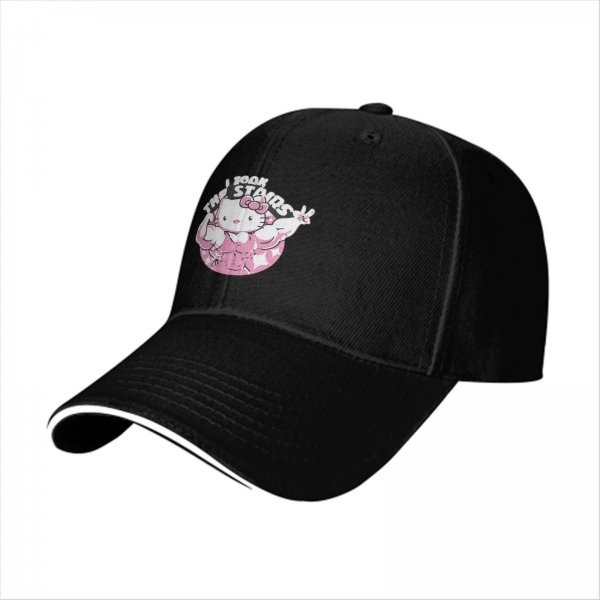 Black baseball cap with muscular Hello Kitty graphic and I Took The Stairs text