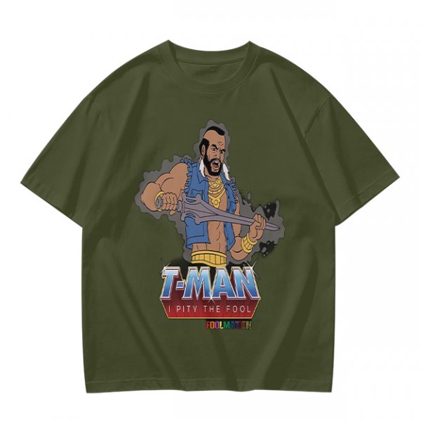 Olive T-shirt with T-Man He-Man parody graphic and 'I Pity The Fool' text