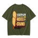 Olive graphic tee with playful bread character and 'Ready or Not Here I Crumb' text