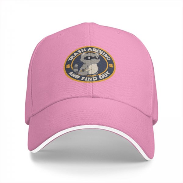 Black baseball cap with raccoon trash around and find out graphic