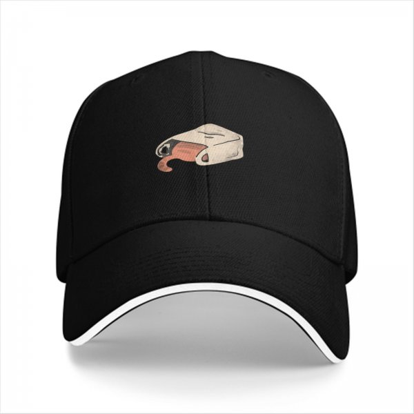 Black baseball cap with a cat peeking out of a blanket graphic
