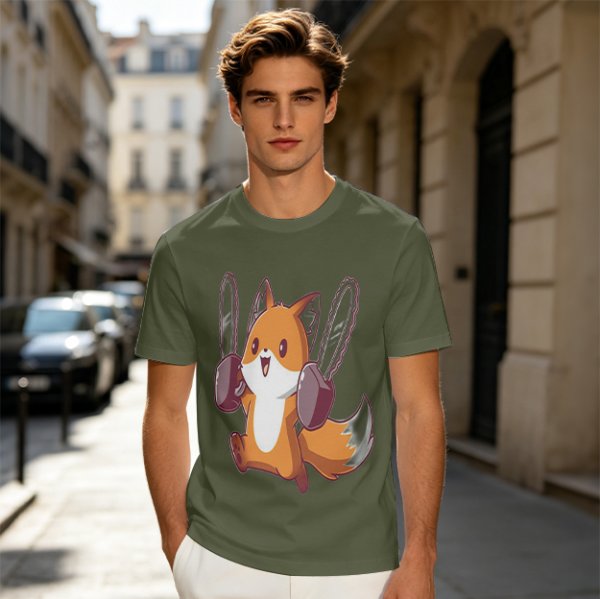 Olive T-shirt with a cute chainsaw squirrel graphic