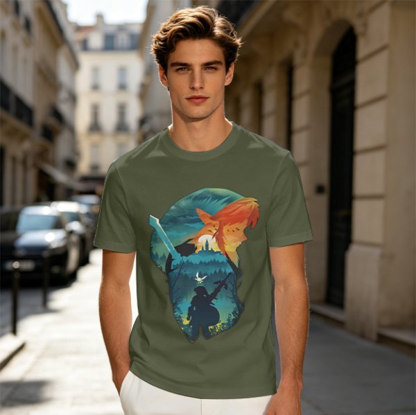 Olive green t-shirt with fantasy warrior silhouette graphic