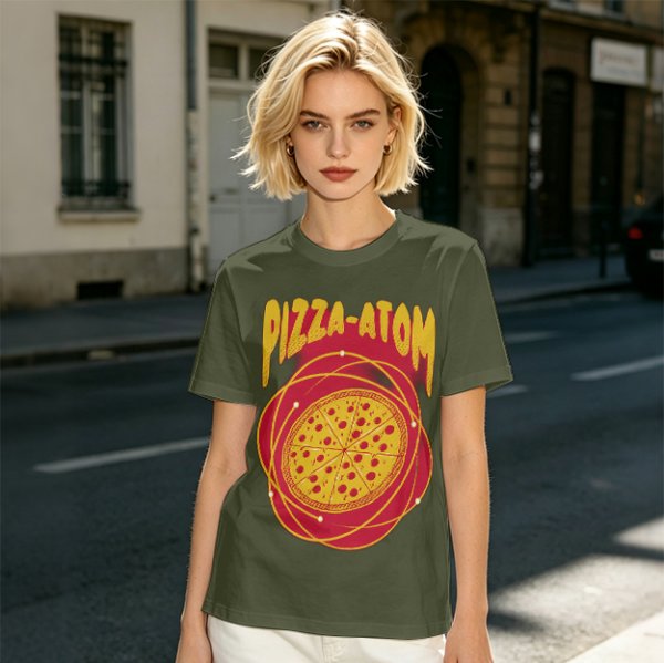 Olive green graphic t-shirt with pizza atom design