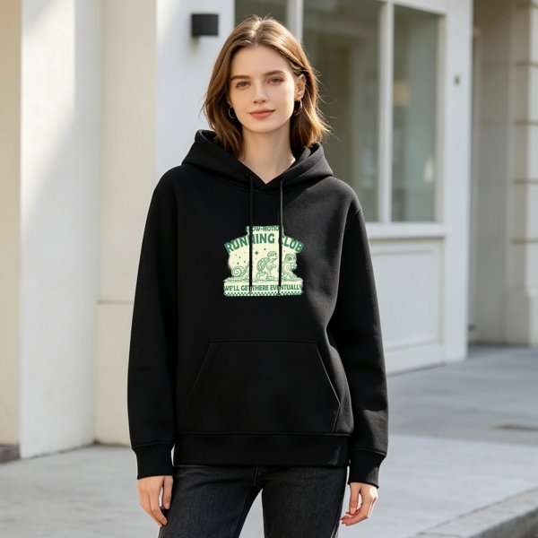 Black Hoodie With Low-Motion Running Club Sloth Turtle Snail Graphic
