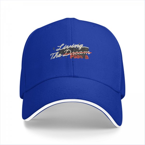 Black baseball cap with 'Living The Dream Plan B' graphic print