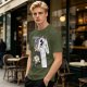 Olive graphic tee with Wednesday and Enid cartoon wolf design