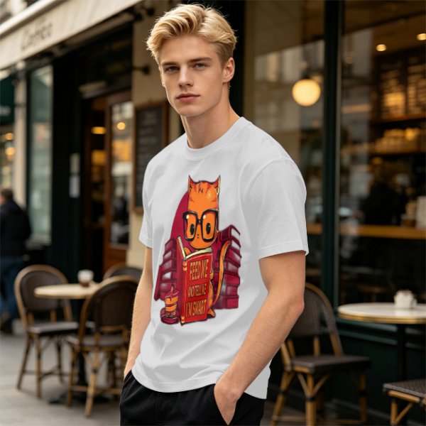 Olive T-Shirt With Nerdy Ginger Cat Reading Book Print