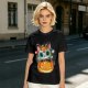 Olive t-shirt with sugar skull cat on jack-o'-lantern