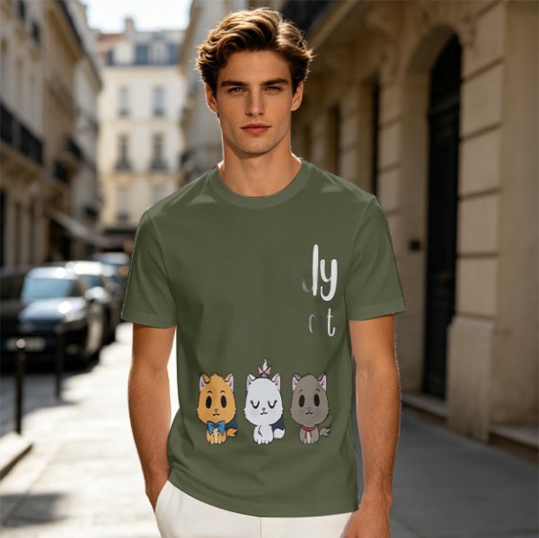 Olive T-Shirt With Cute Kitten Illustrations And Text Print