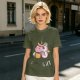Oversized Olive T-Shirt With Sassy Unicorn Holding Coffee Print