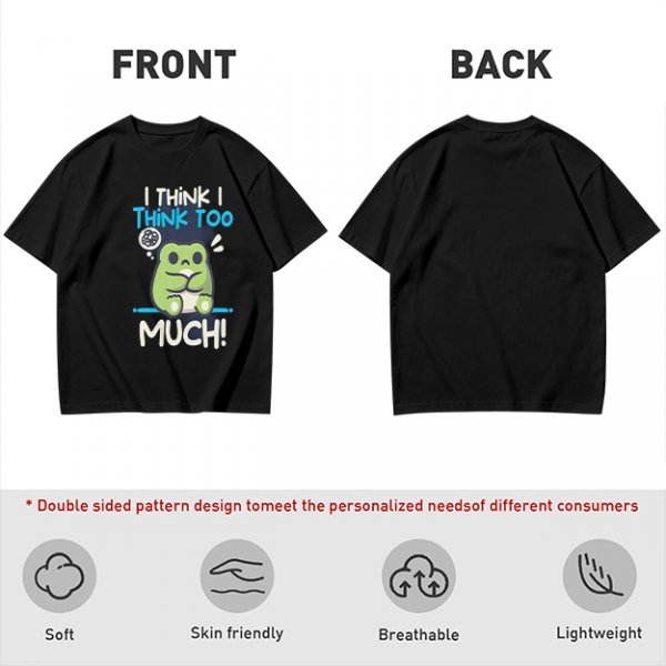 Olive t-shirt with 'I think I think too much' anxious frog print