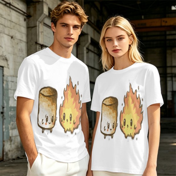 Olive T-Shirt With Cute Roasted Marshmallow And Fire Graphic