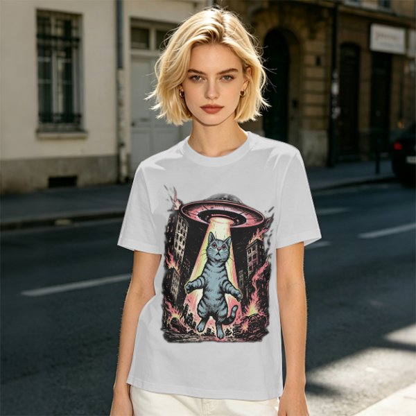 Olive T-Shirt with UFO Abducting Cat Over Burning City