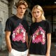 Olive green t-shirt with cute cats and love hearts graphic