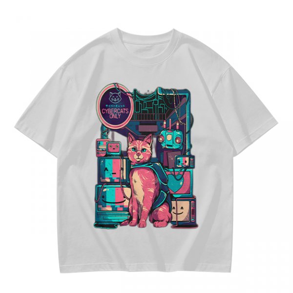 Olive T-Shirt with Cyberpunk Pink Cat and Robotic Tech Print